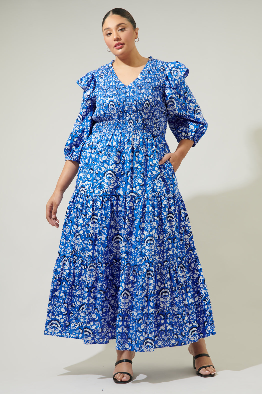 Lulu Floral Brighton Smocked Poplin Maxi Dress Curve LT-BLUE-WHIT / 3X by Sugarlips Lulu Floral Brighton Smocked Poplin Maxi Dress Curve LT-BLUE-WHIT / 3X by Sugarlips