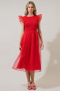 Lucille Organza Dot Smocked Midi Dress