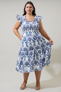 Viara Floral Giza Glare Smock Tiered Midi Dress Curve