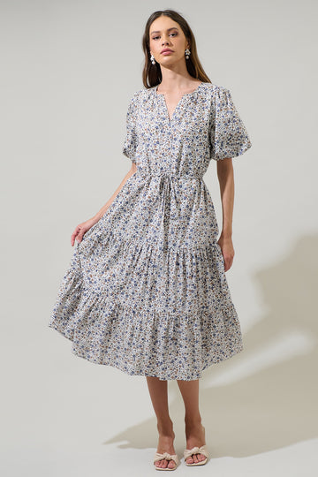 Floral Print Round Neck Balloon Sleeve Midi Dress
