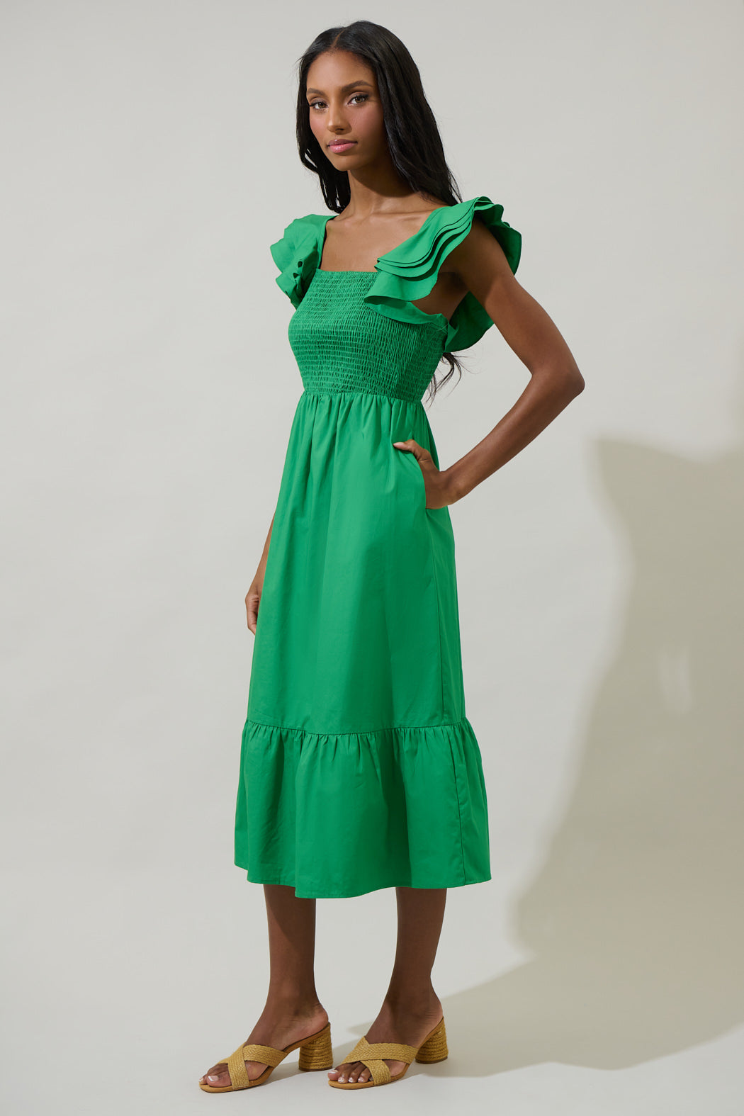 smocked ruffle midi dress Smocked Ruffle Sleeve Midi Dress with Elastic Waist Small