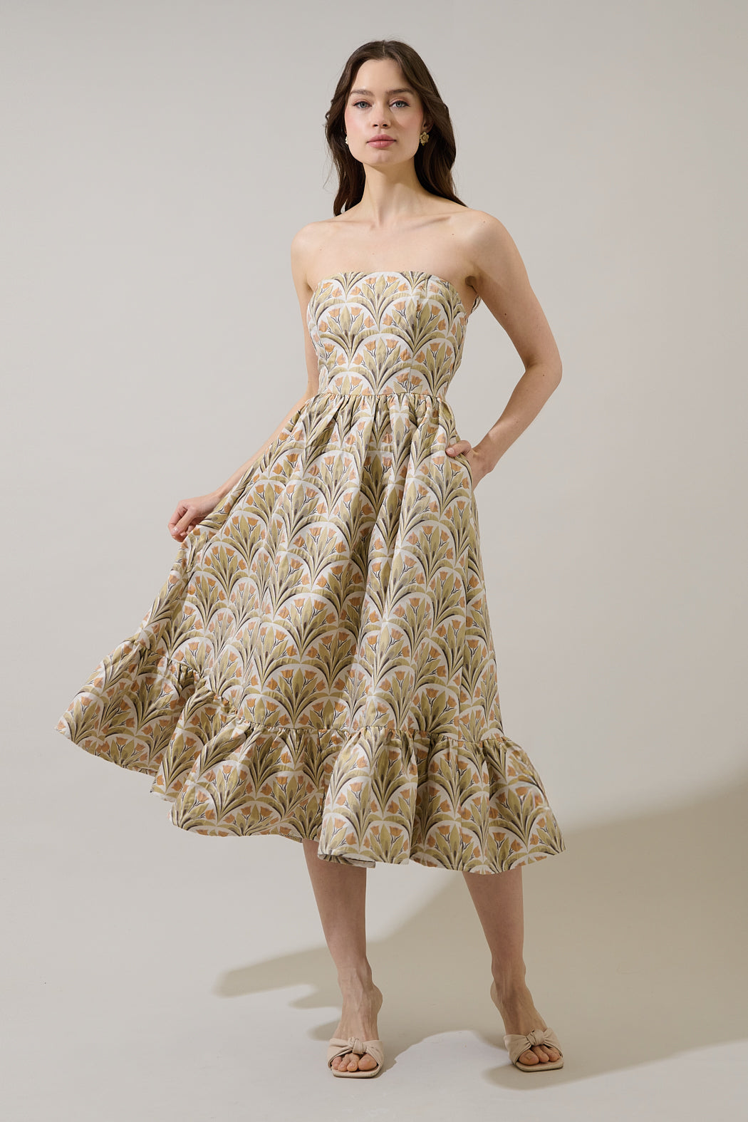 floral jacquard strapless midi dress Floral Jacquard Strapless Pleated Midi Dress - B.Right Apparel