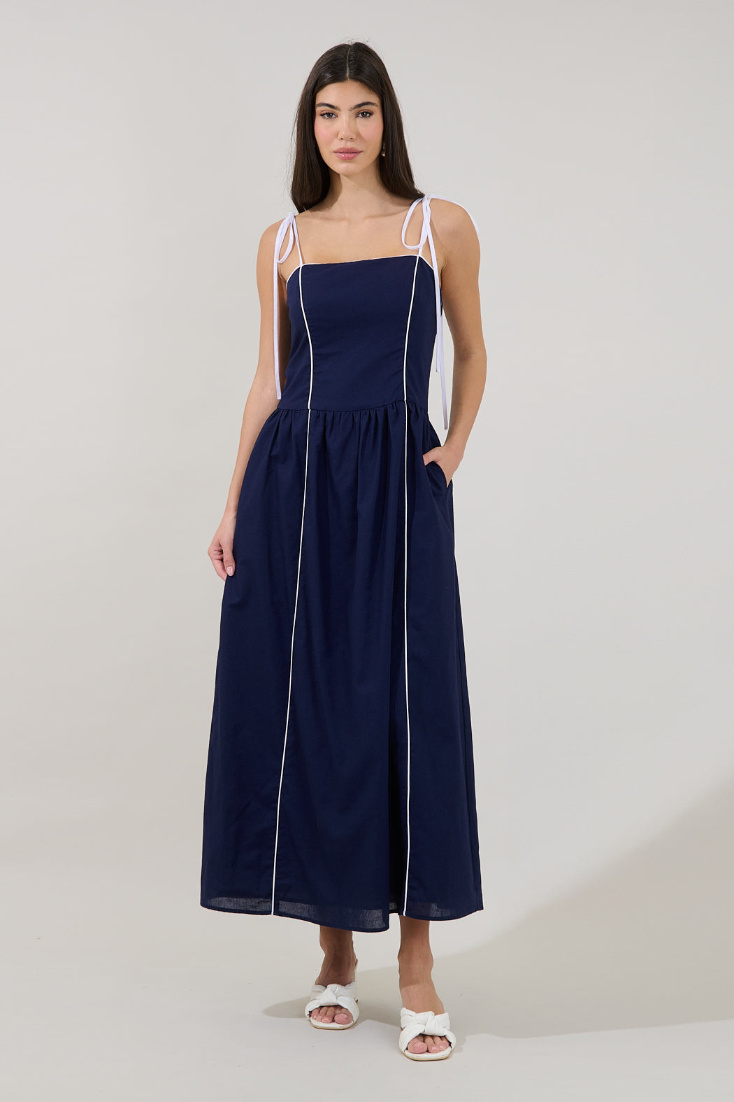 Sugarlips Cristy Contrast Seam Cami Square Neck Sleeveless A-Line Maxi Dress, Womens, XL, Navy/White