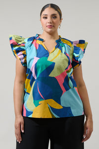 Gia Abstract Risette Ruffle Split Neck Top Curve