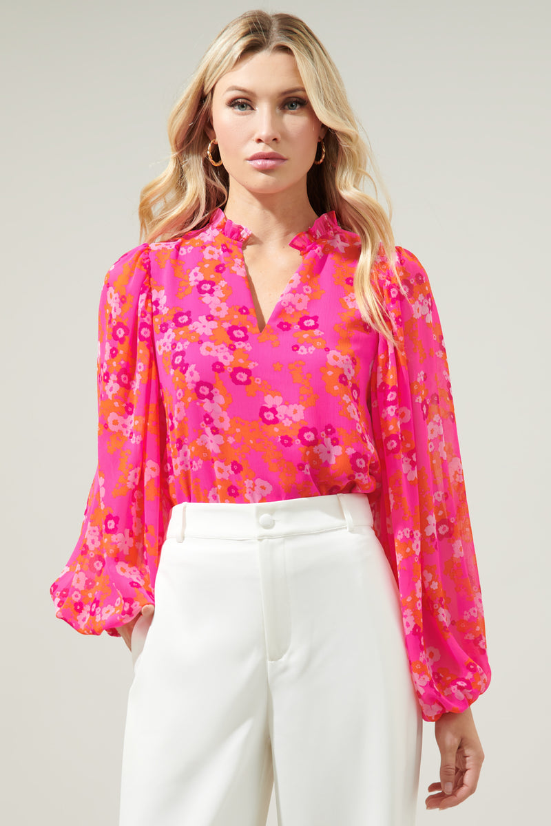 Poppy Punch Hathaway Split Neck Long Sleeve Blouse – Sugarlips