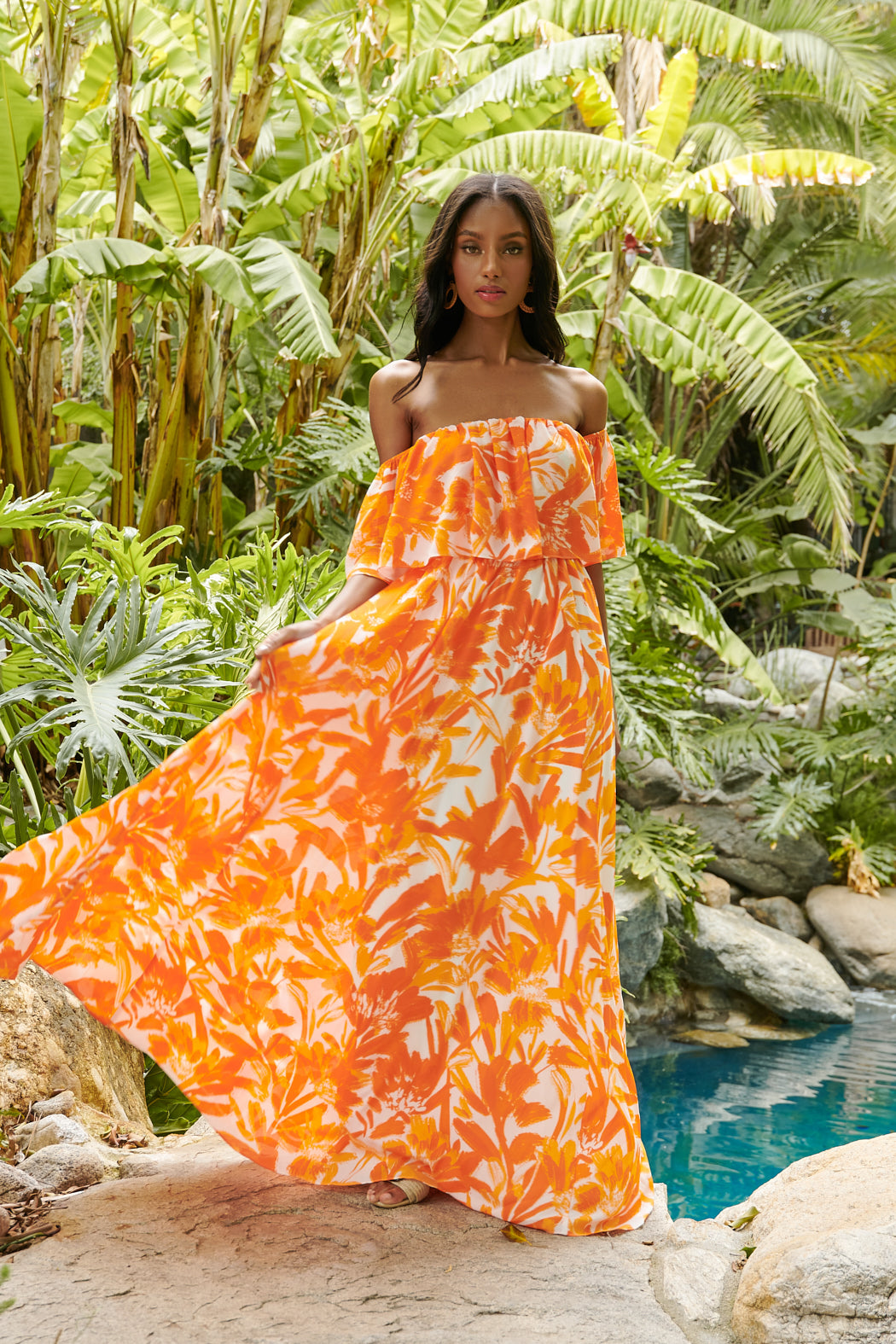 Tropical Dreamsicle Enamored Off The Shoulder Ruffle Dress White-Orange / Xs by Sugarlips Tropical Dreamsicle Enamored Off The Shoulder Ruffle Dress White-Orange / Xs by Sugarlips