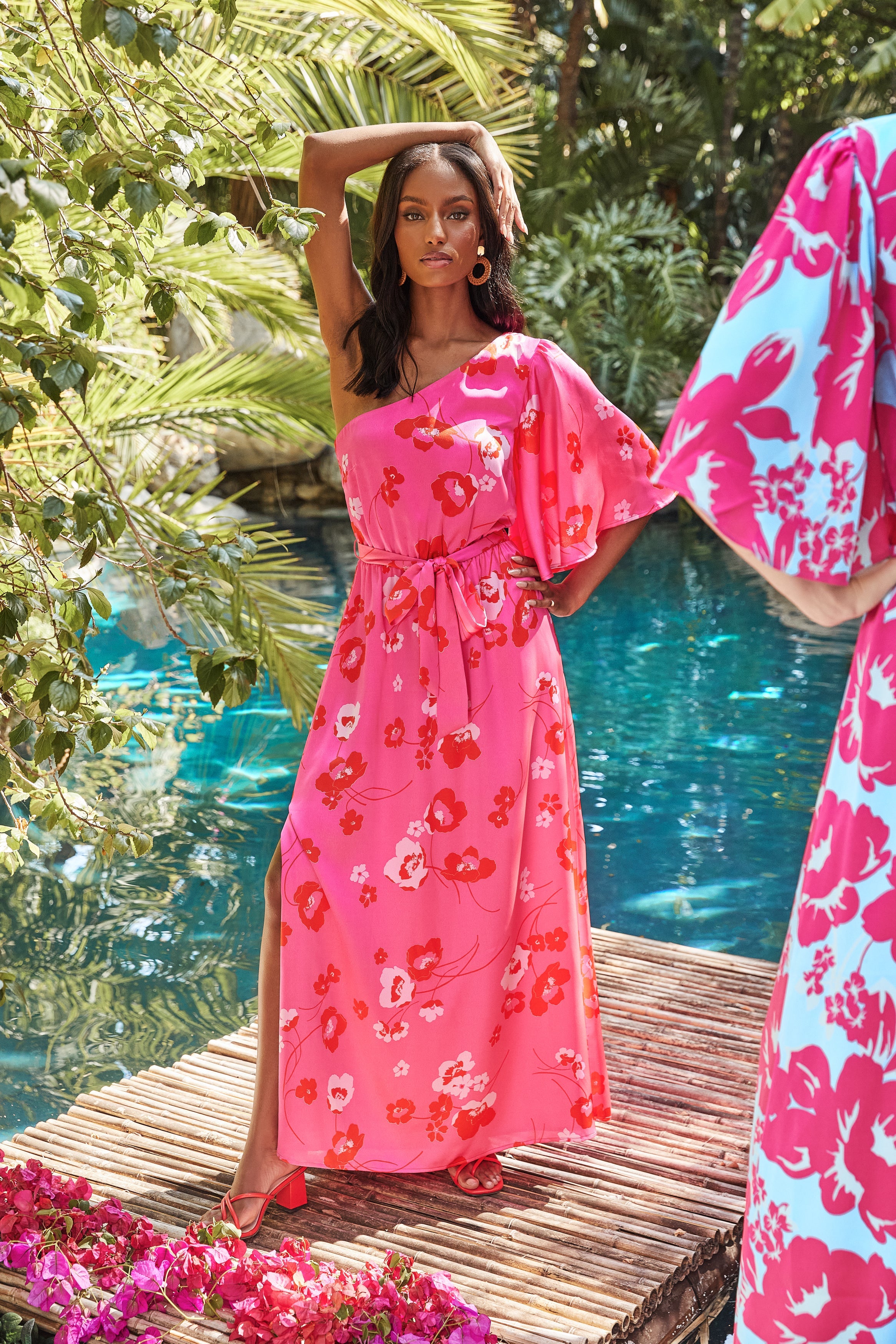 Cherry Blossom Meara One Shoulder Satin Maxi Dress PINK-RED-MULTI / S by Sugarlips Cherry Blossom Meara One Shoulder Satin Maxi Dress PINK-RED-MULTI / S by Sugarlips