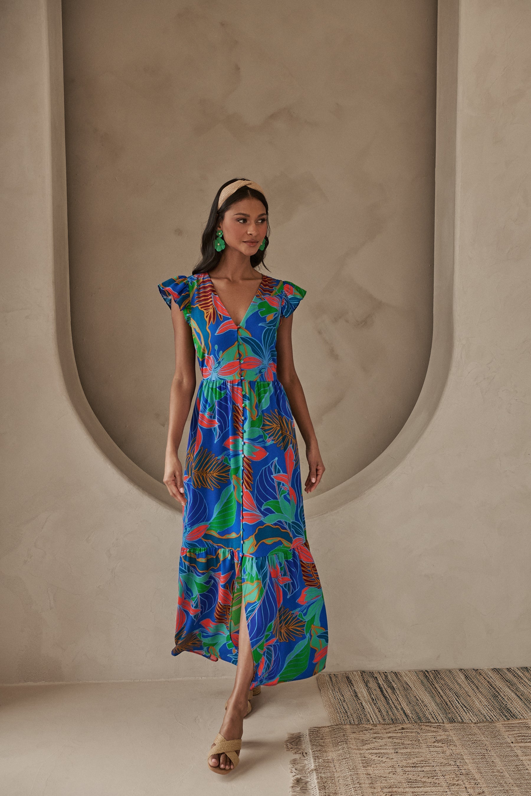 formal tropical dresses Malton Tropical Evianna Button Down Flutter Maxi Dress COBALT-MULTI / XL by Sugarlips
