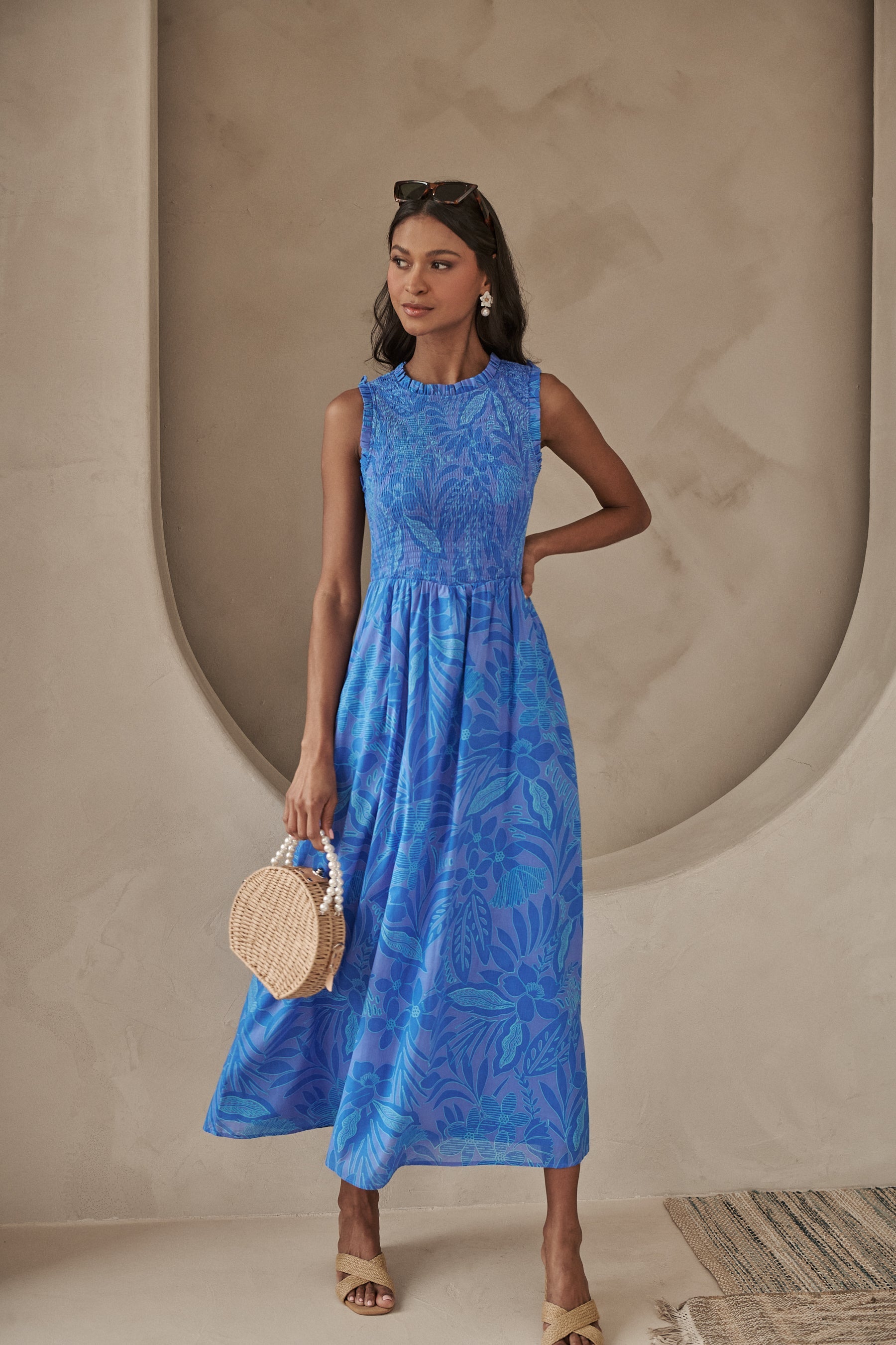 Warren Floral Cecil Smocked Sleeveless Midi Dress BLUES-MUL / L by Sugarlips Warren Floral Cecil Smocked Sleeveless Midi Dress BLUES-MUL / L by Sugarlips