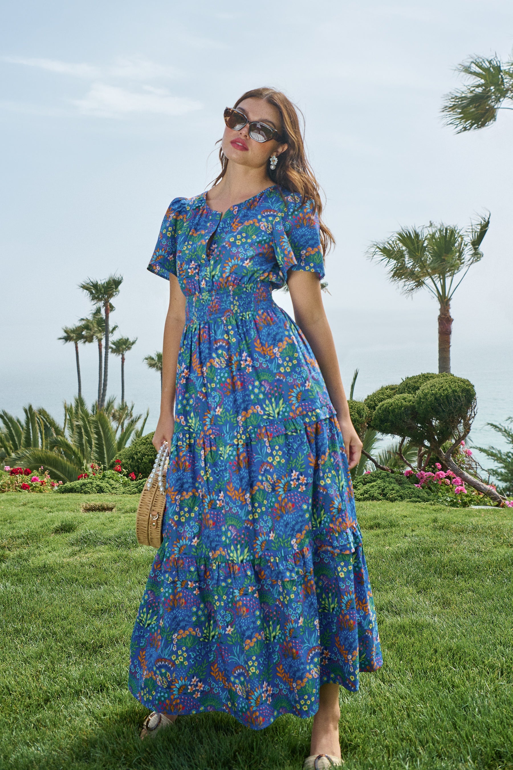 Ruya Floral Palmer Poplin Tiered Maxi Dress COBALT-COMBO / L by Sugarlips Ruya Floral Palmer Poplin Tiered Maxi Dress COBALT-COMBO / L by Sugarlips