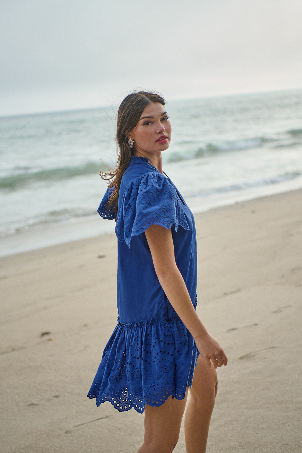 blue eyelet mini dress Pastel Blue Eyelet Cotton A-line Tiered Mini Dress
