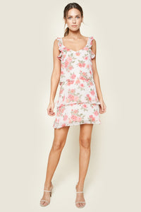 Garden Of Roses Floral Print Tiered Ruffle Mini Dress
