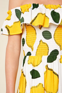 Pucker Up White Lemon Print Off The Shoulder Maxi Dress