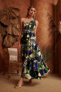 Xandria Geometric Smocked One Shoulder Lys Maxi Dress