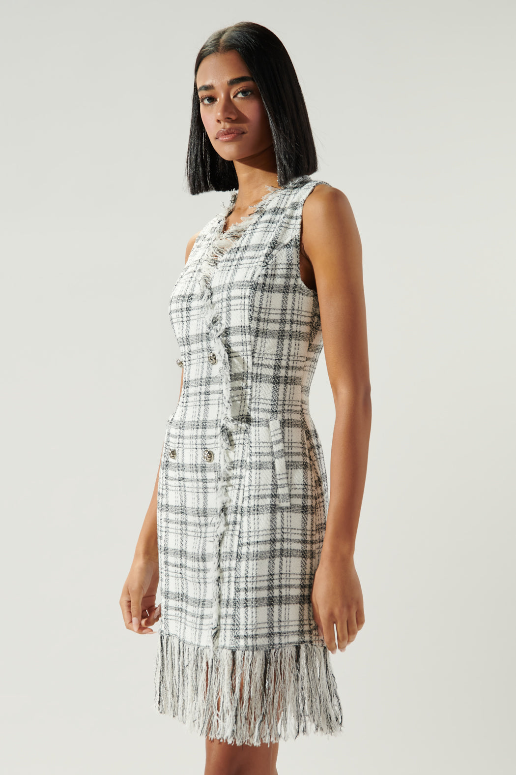 checkered knit dress with fringe ZARA NWT WOMAN SS25 FRINGED CHECKERED KNIT DRESS NAVY | 4331/026