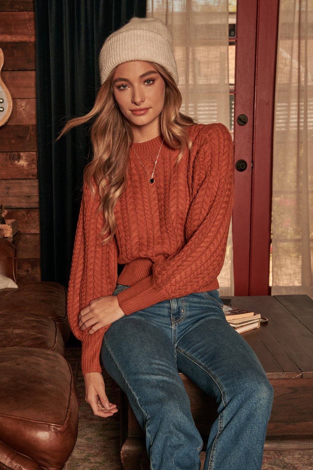 Ashtyn Cable Knit Balloon Sleeve Cropped Sweater – Sugarlips