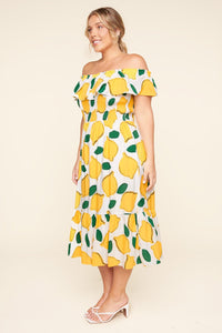 Pucker Up White Lemon Print Off The Shoulder Maxi Dress Curve