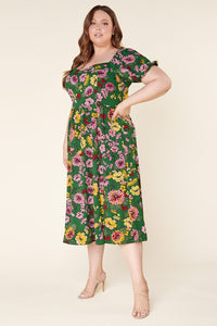 Everly Floral Alessi Puff Sleeve Midi Dress Curve
