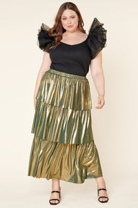 Channing Foil Ribbed Knit Tiered Midi Skirt Curve