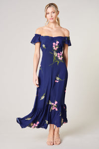 Gretta Floral Off the Shoulder Lynn Ruffle Midi Dress
