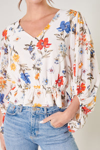 April Primary Floral Ways Balloon Sleeve Blouse