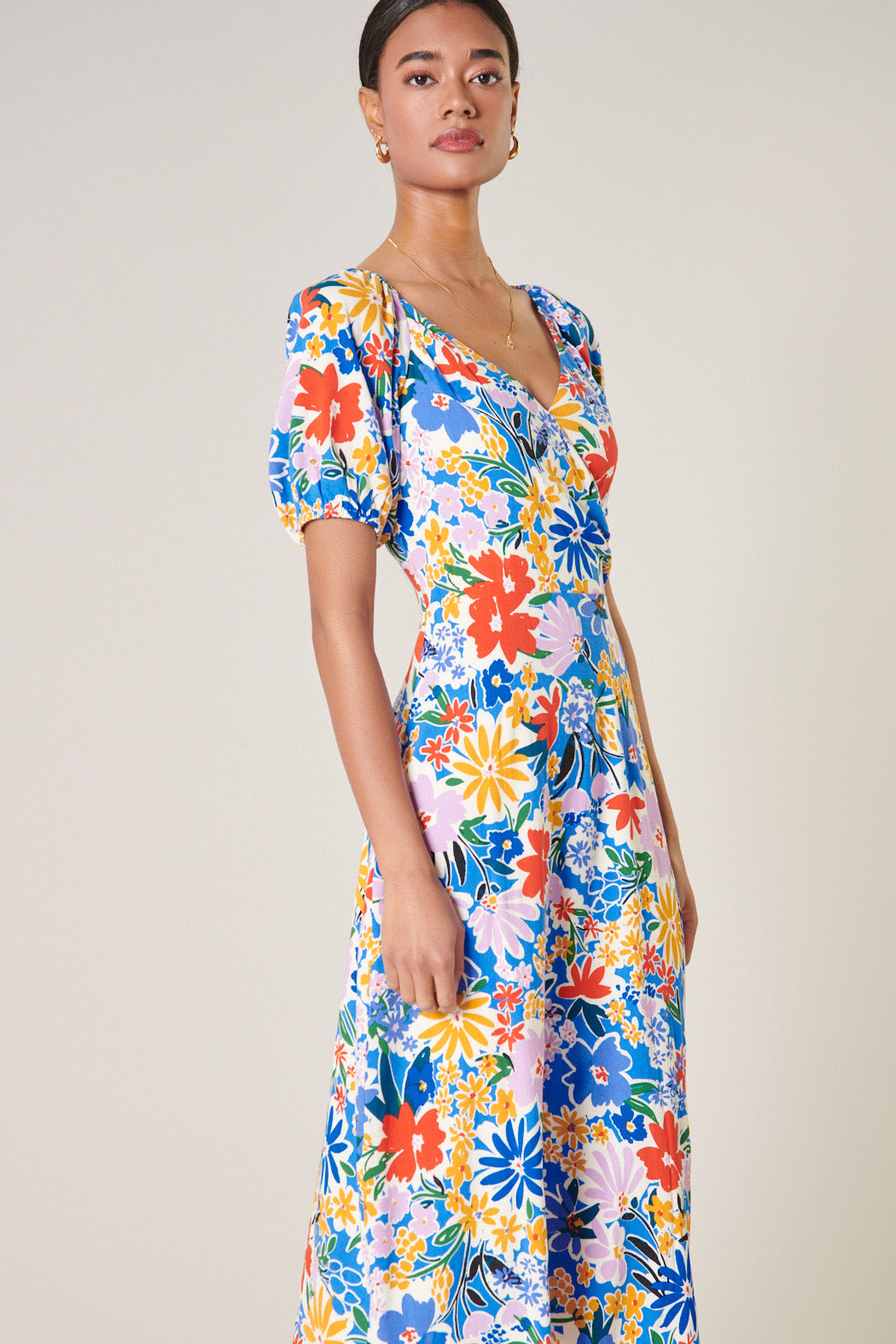 Ojai Floral Agave Puff Sleeve Midi Dress – Sugarlips