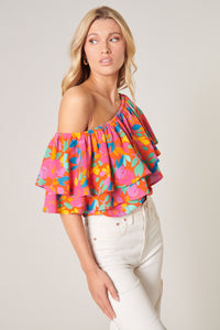 Sweet Soul Fruity Floral Charmer One Shoulder Ruffle Top