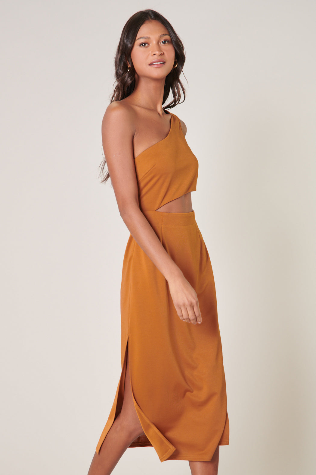 orange one shoulder cut out dress Aria Cove Pleated One Shoulder Cut Out Maxi Dress in Orange