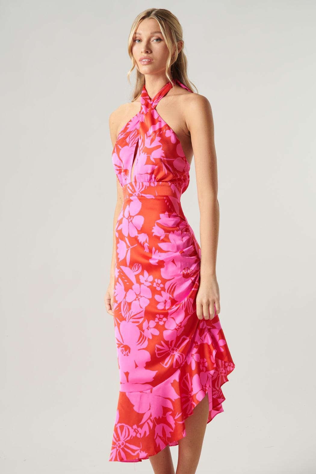 Zadie Floral Asymmetrical Ruched Midi Halter Dress – Sugarlips