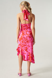 Zadie Floral Asymmetrical Ruched Midi Halter Dress