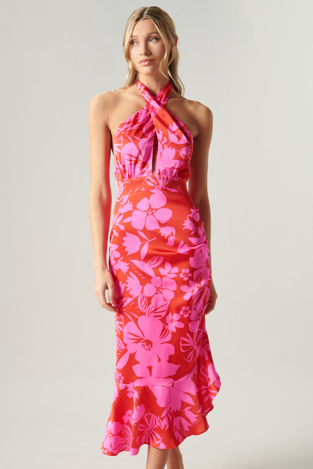 Zadie Floral Asymmetrical Ruched Midi Halter Dress – Sugarlips