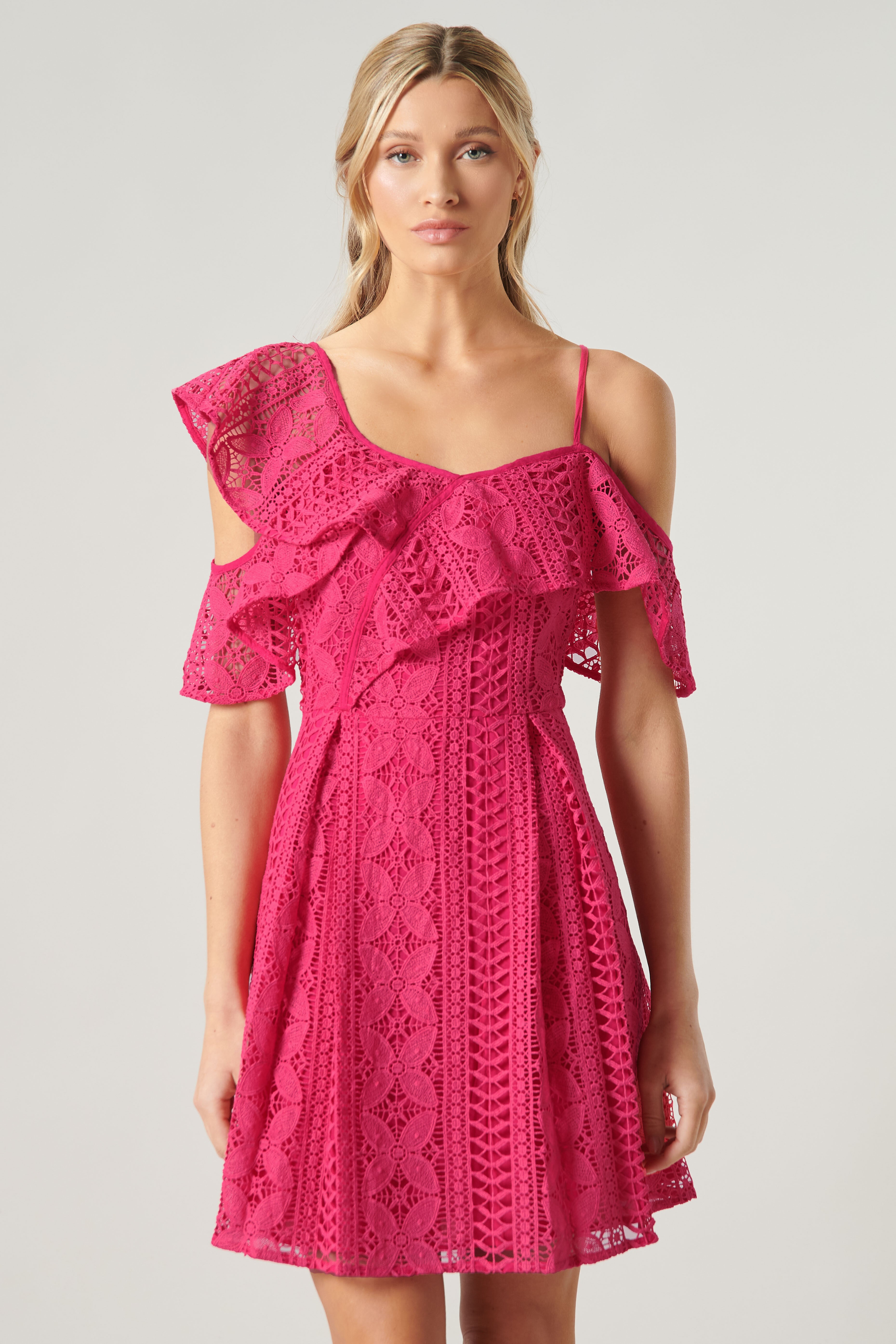Christabelle Lace One Shoulder Asymmetrical Mini Dress Fuchsia / S by Sugarlips Christabelle Lace One Shoulder Asymmetrical Mini Dress Fuchsia / S by Sugarlips
