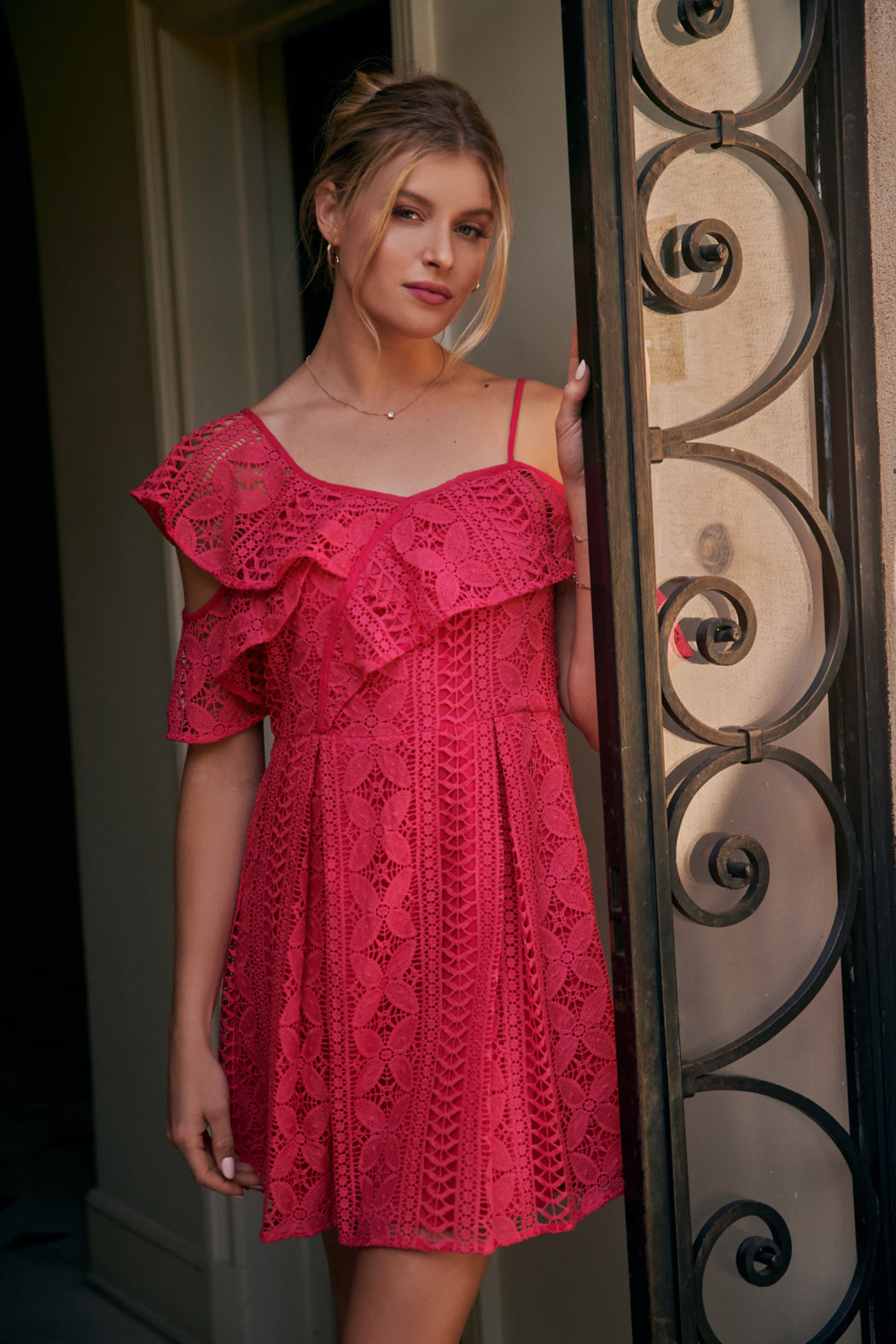 Christabelle Lace One Shoulder Asymmetrical Mini Dress FUCHSIA / S by Sugarlips Christabelle Lace One Shoulder Asymmetrical Mini Dress FUCHSIA / S by Sugarlips