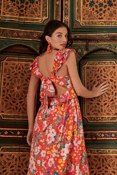 Waverly Floral Lizbeth Ruffle Back Tie Midi Dress – Sugarlips