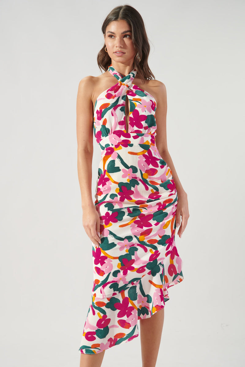Monet Mojito Floral Asymmetrical Ruched Midi Halter Dress – Sugarlips