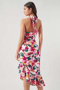 Monet Mojito Floral Asymmetrical Ruched Midi Halter Dress