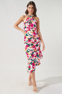 Monet Mojito Floral Asymmetrical Ruched Midi Halter Dress – Sugarlips
