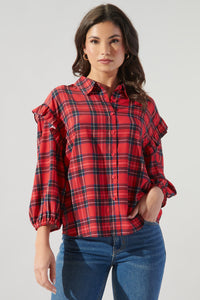 Woodland Plaid Ruffle Button Front Blouse