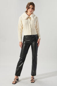 In a Flurry Cable Knit Fur Collar Cardigan