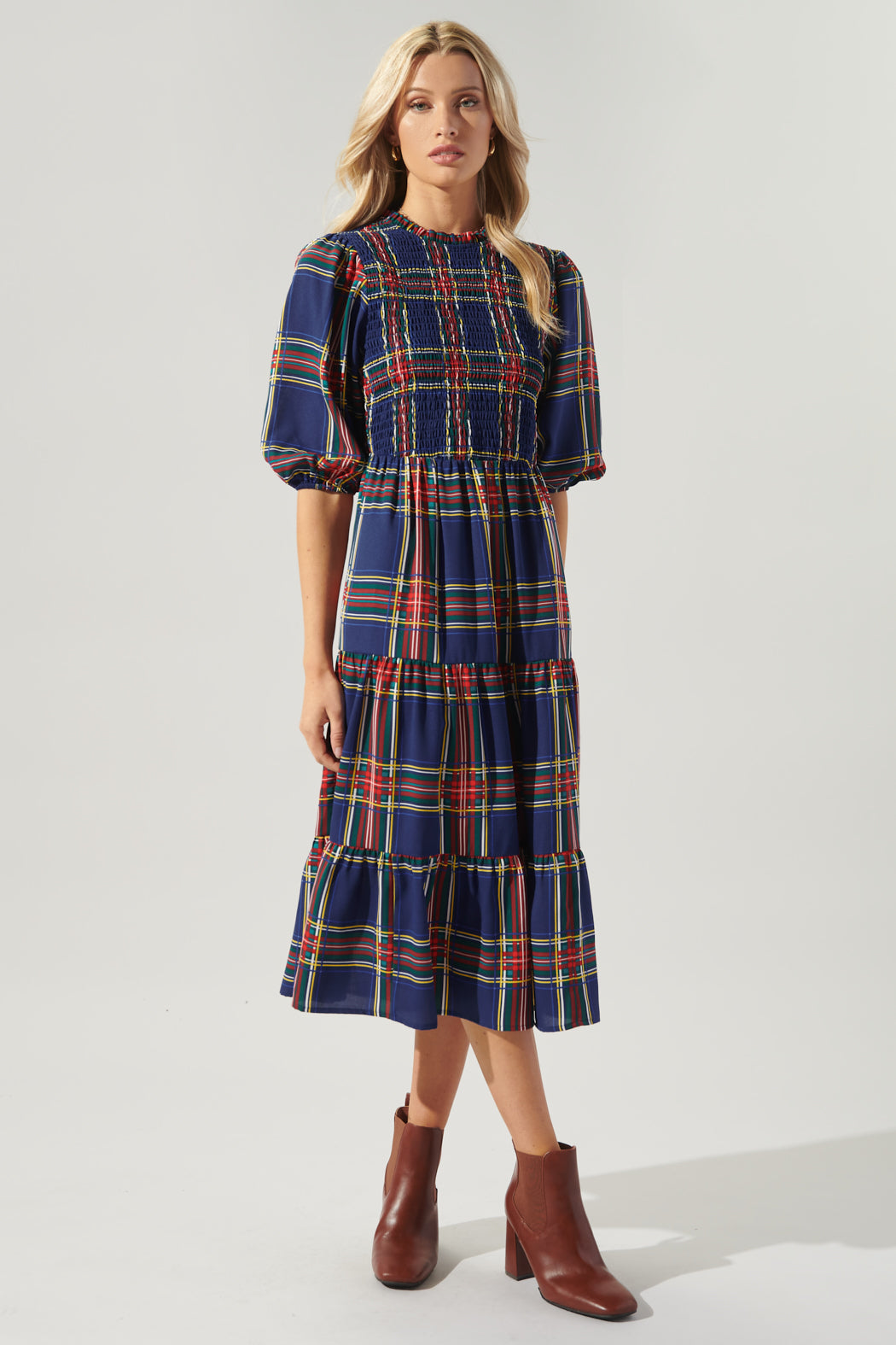 Lakeview Plaid Smocked Tiered Midi Dress Lakeview Plaid Smocked Tiered Midi Dress