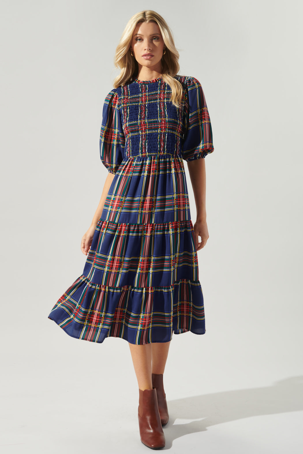 embroidered cicely tiered midi dress in plaid Tiered Dress Plaid Dress Midi What A Surprise Green Plaid Midi Dress Shop The Mint