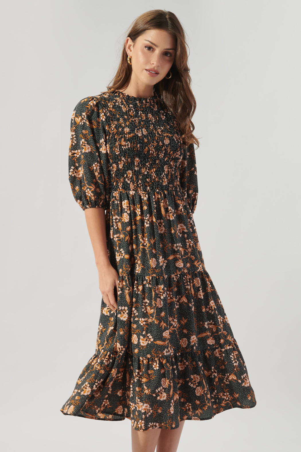 Zana Floral Dot Frazier Smocked Tiered Midi Dress – Sugarlips