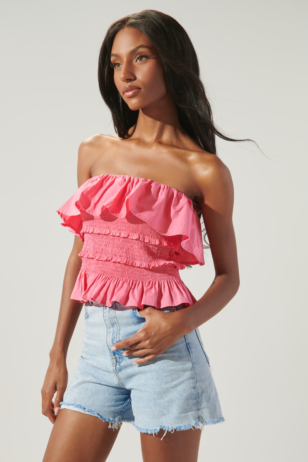AE Ruffle Tube Top ($14) ❤ liked on Polyvore featuring tops