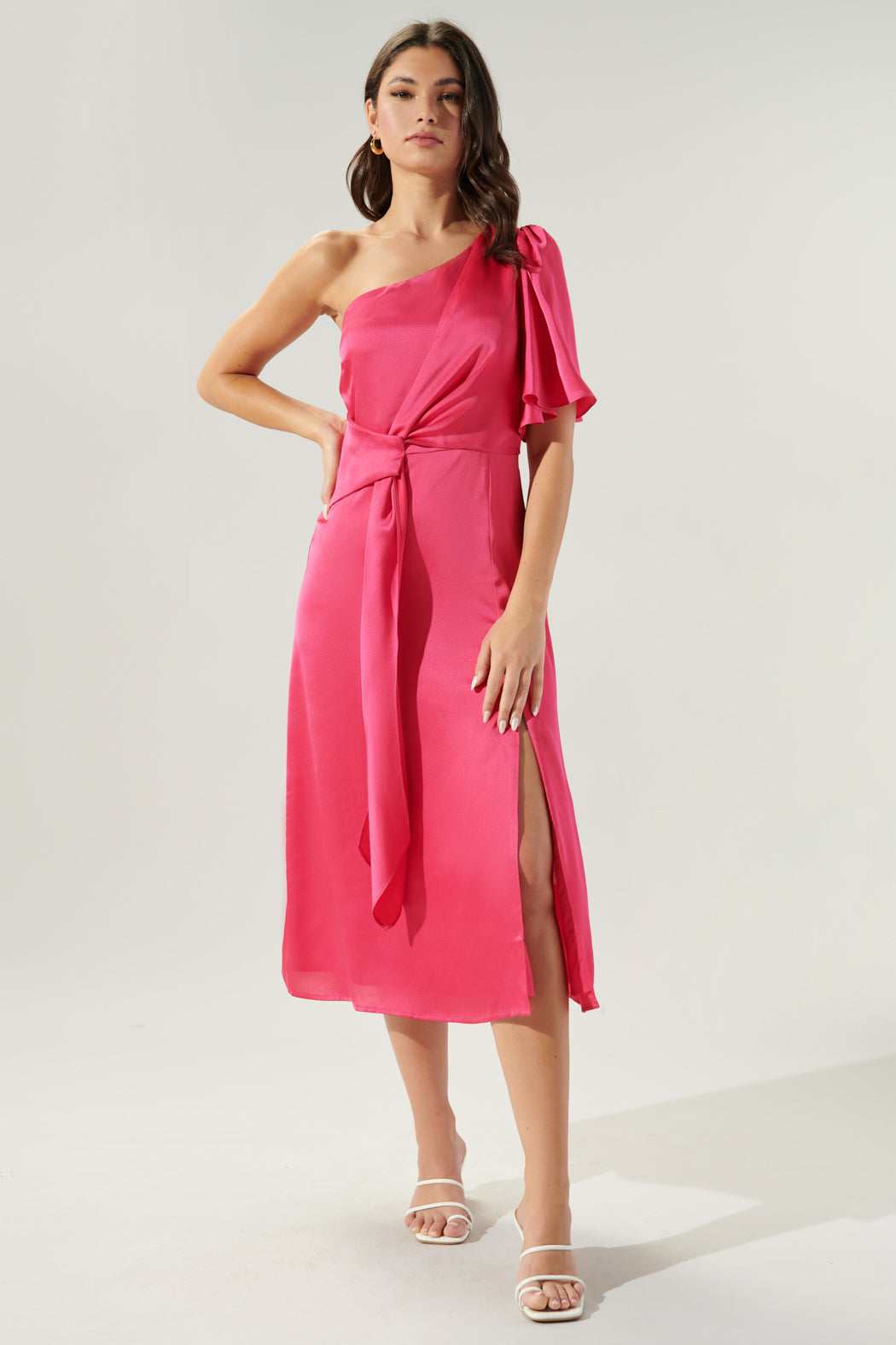 Chateau Satin One Shoulder Twist Front Midi Dress Sugarlips Chateau Satin One Shoulder Twist Front Midi Dress Sugarlips