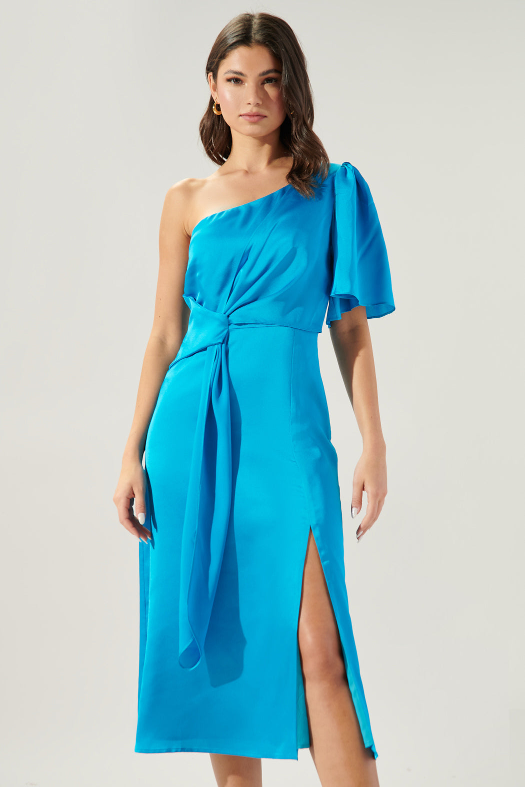 Chateau Satin One Shoulder Twist Front Midi Dress Sugarlips Chateau Satin One Shoulder Twist Front Midi Dress Sugarlips