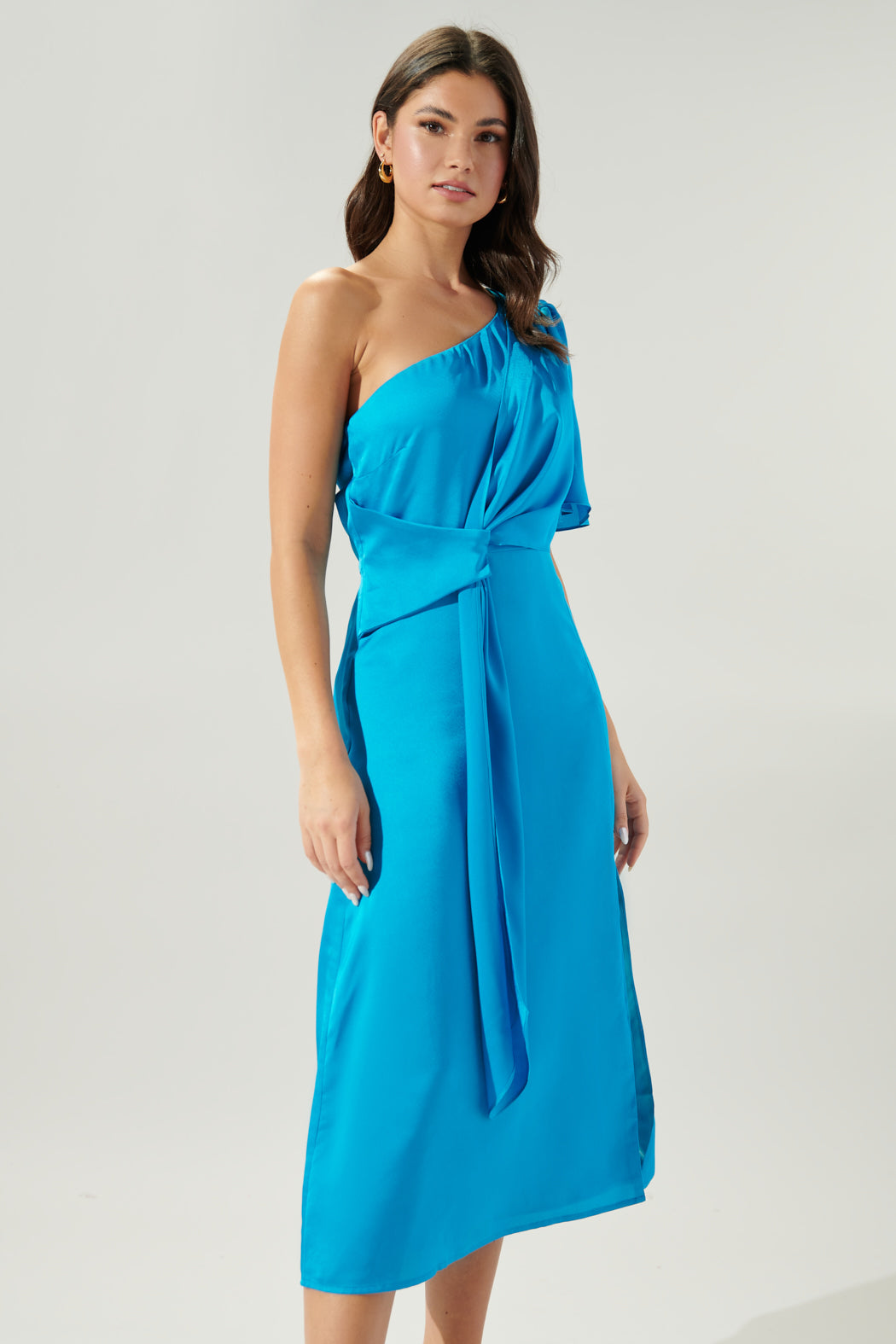 one shoulder wrap dress Chateau Satin One Shoulder Twist Front Midi Dress FUCHSIA / XS by Sugarlips