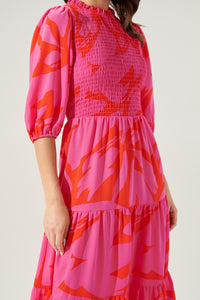 Jolene Abstract Frazier Smocked Tiered Midi Dress