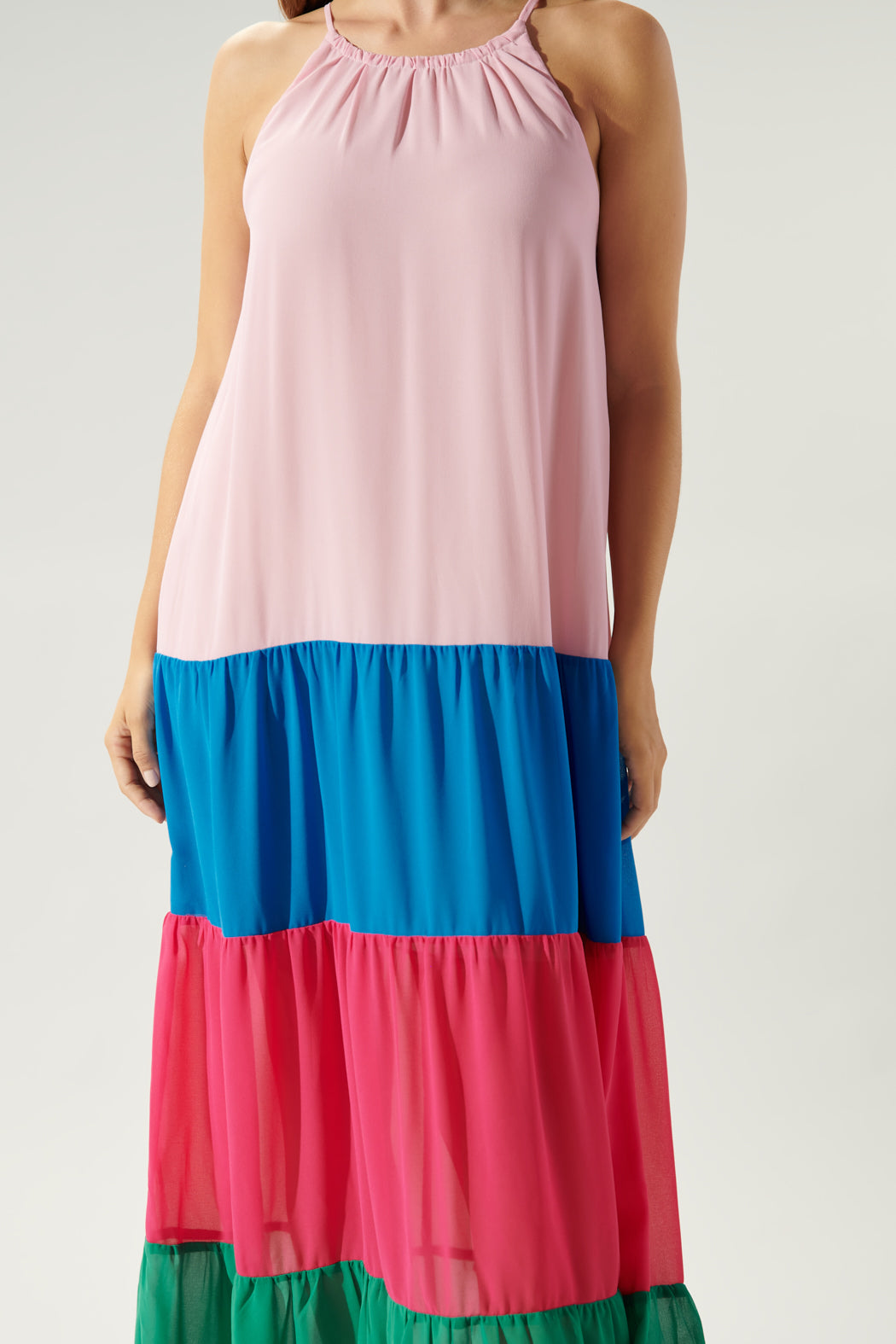 colour block maxi dresses Color Print Cover-Up Ruffle Dress Eccentric You breathable fabric Flowy and comfortable fit Fabric Sugarlips Kavela Color Block Halter