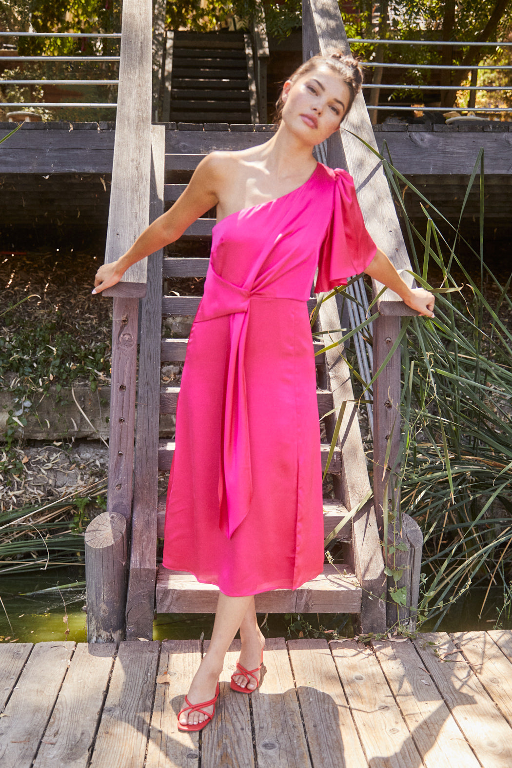 one shoulder wrap dress Chateau Satin One Shoulder Twist Front Midi Dress FUCHSIA / XS by Sugarlips