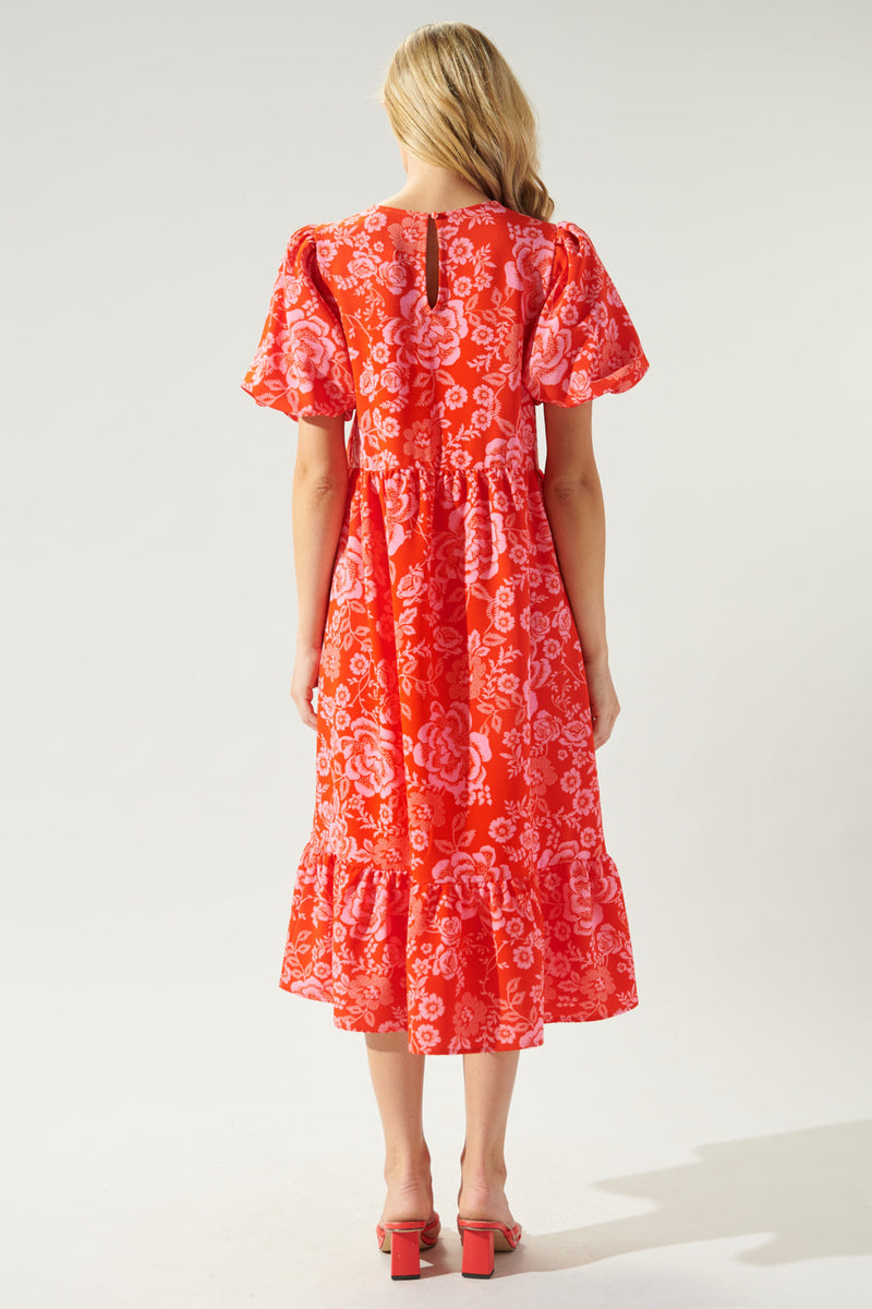 Rhubarb Floral Papillon Puff Sleeve Midi Dress – Sugarlips